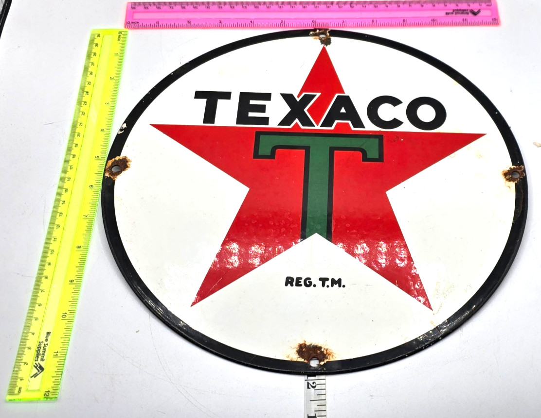 VINTAGE GENUINE TEXACO PORCELAIN SIGN PUMP PLATE GAS STATION OIL 12″ x 12″