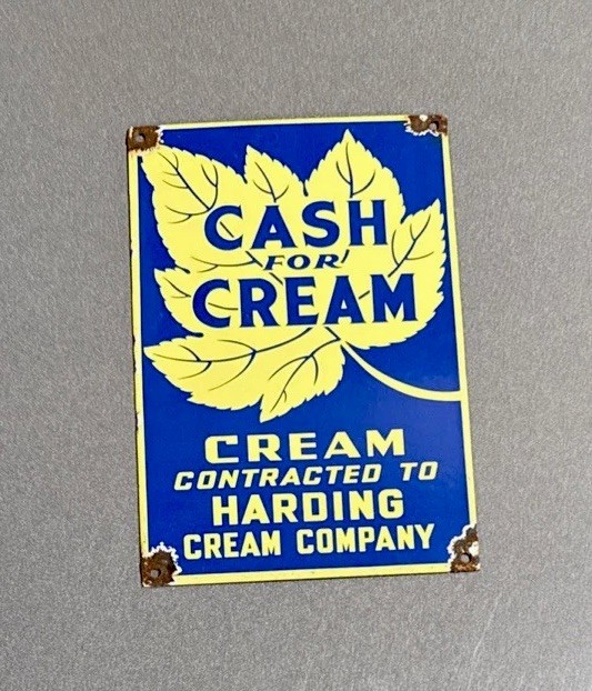 VINTAGE 12” HARDING CREAMERY DAIRY FARM PORCELAIN SIGN CAR GAS OIL MOTORCYCLE
