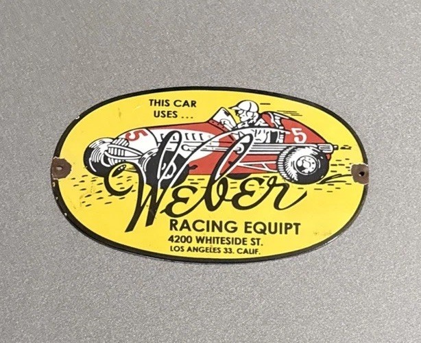 VINTAGE 12” WEBER RACING EQUIPT PORCELAIN SIGN CAR GAS TRUCK MOTORCYCLE OIL