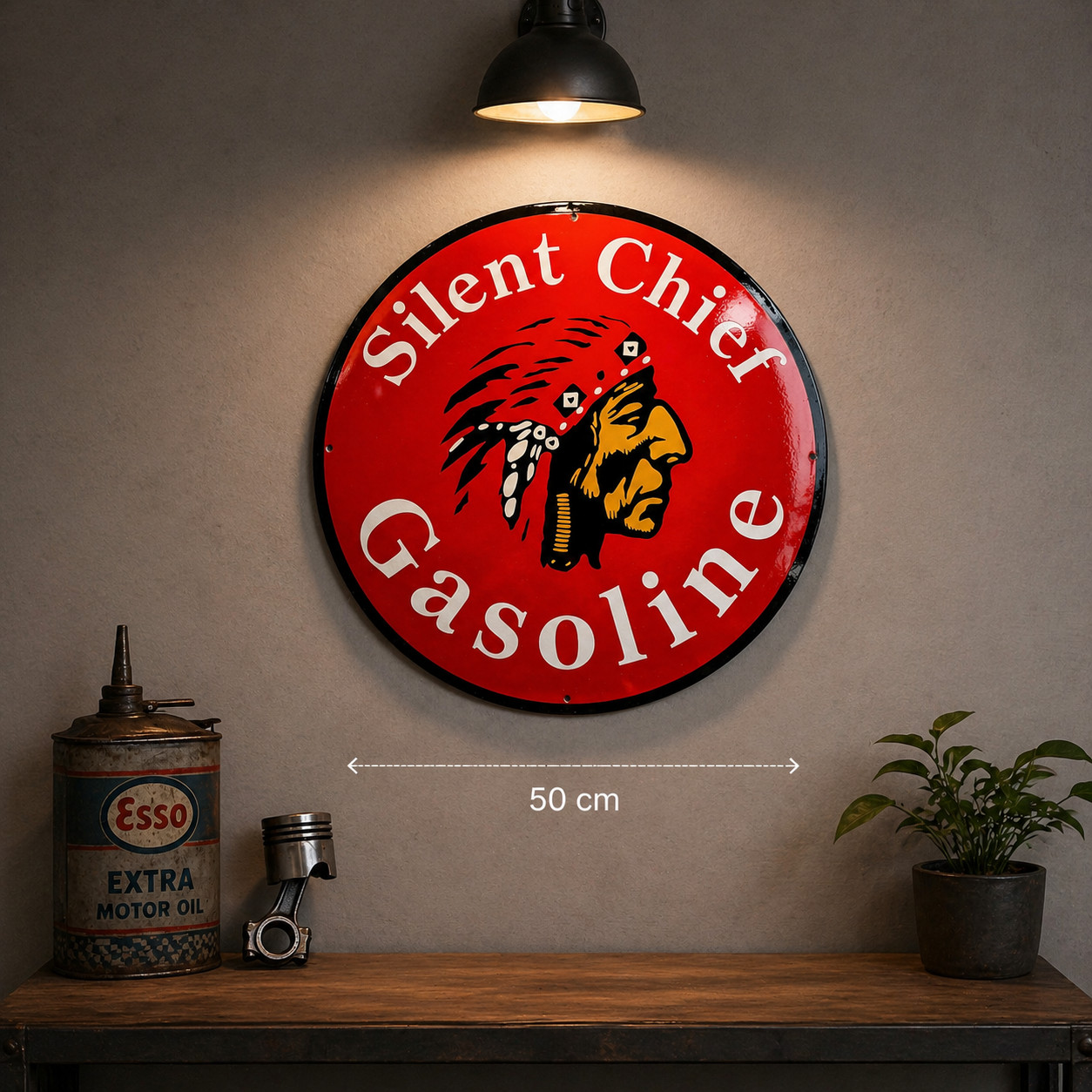 Silent Chief Gasoline Sign – Heavy Metal Garage Decor – 50 cm (19.7”)
