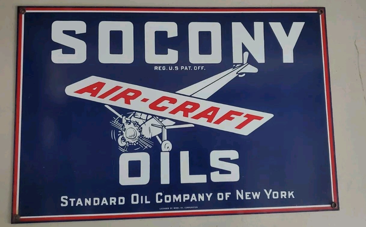 RARE VINTAGE SOCONY AIR-CRAFT OILS PORCELAIN DEALER SIGN GAS PLANE Andy Rooney