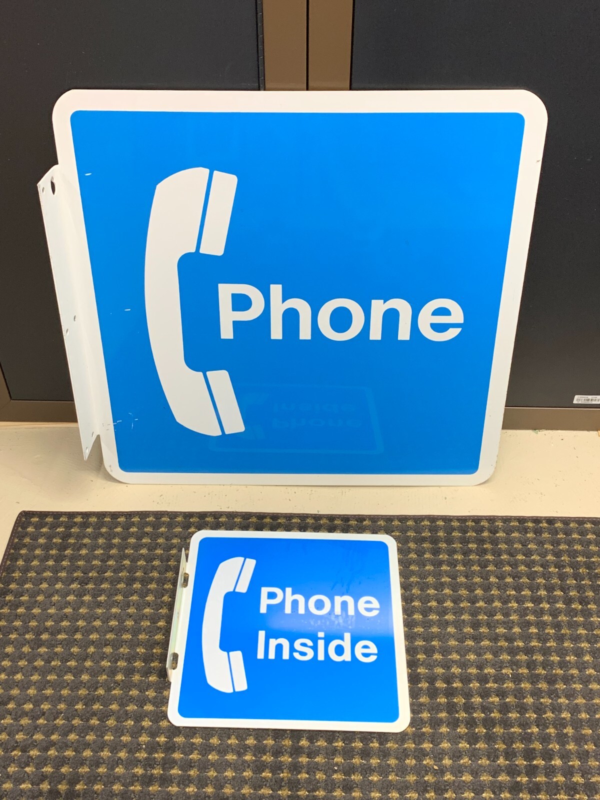 VINTAGE “TELEPHONE” METAL FLANGE SIGNS (LOT OF 2) NEVER USED (NOS) LARGE & SMALL