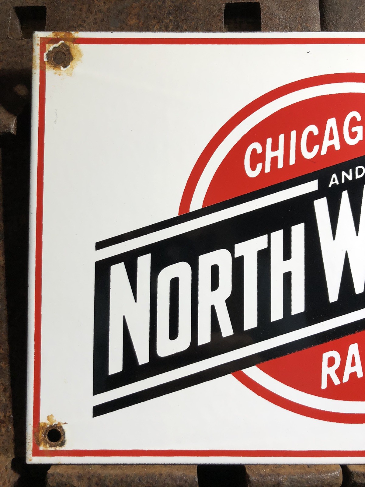VINTAGE CHICAGO NORTH WESTERN RAILWAY 12” PORCELAIN SIGN TRAINS RAILROAD GAS OIL