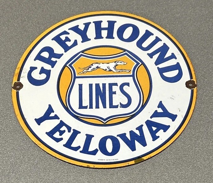 VINTAGE 12” GREYHOUND DOG BUS PORCELAIN SIGN CAR GAS TRUCK GASOLINE