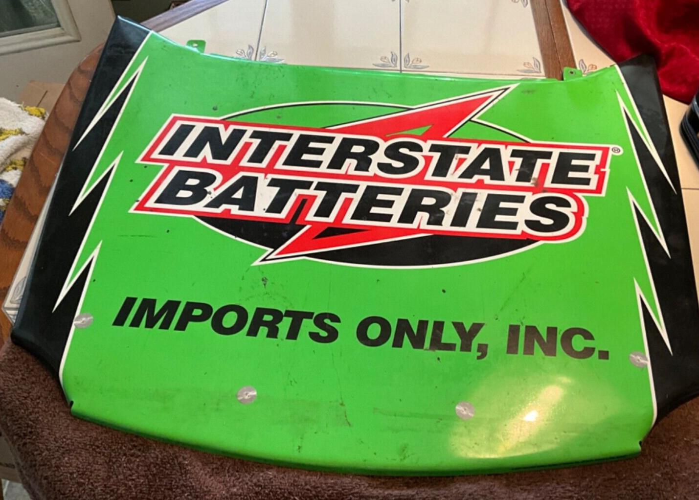 Interstate Batteries Metal SIGN Race Car Hood “IMPORTS ONLY” 29” x 23” USED