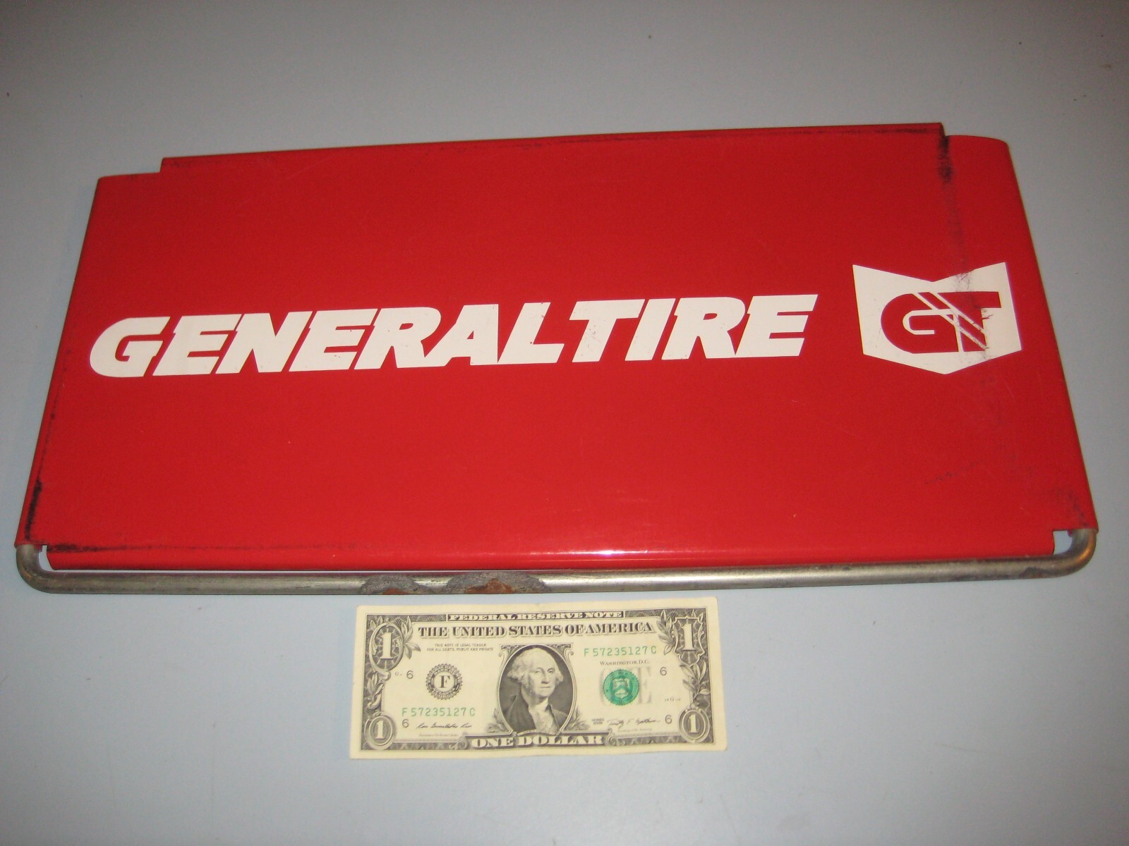 GENERAL GT TIRE RACK GAS OIL ENAMEL STATION ADVERTISING SIGN 1950s 19″ x 9 1/2″