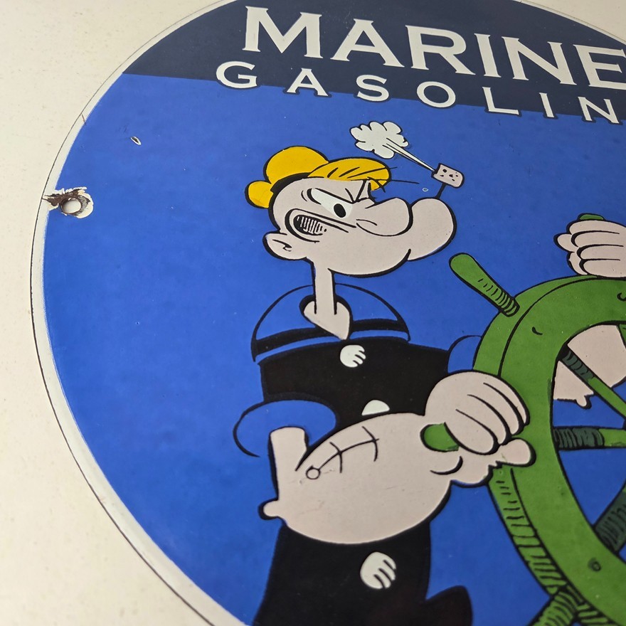 Vintage Marine Gasoline Sign – Popeye Sailor Porcelain Enamel Gas Oil Pump Sign