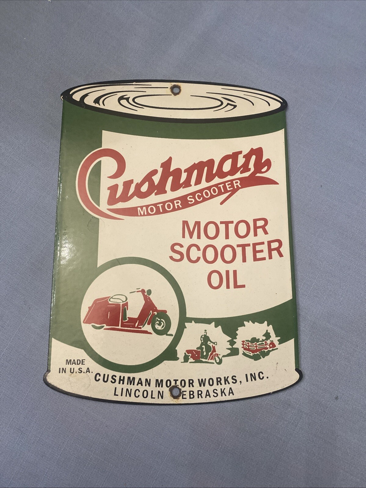 8 x 11 in CUSHMAN MOTOR SCOOTER OIL CAN Porcelain Gas Pump Sign