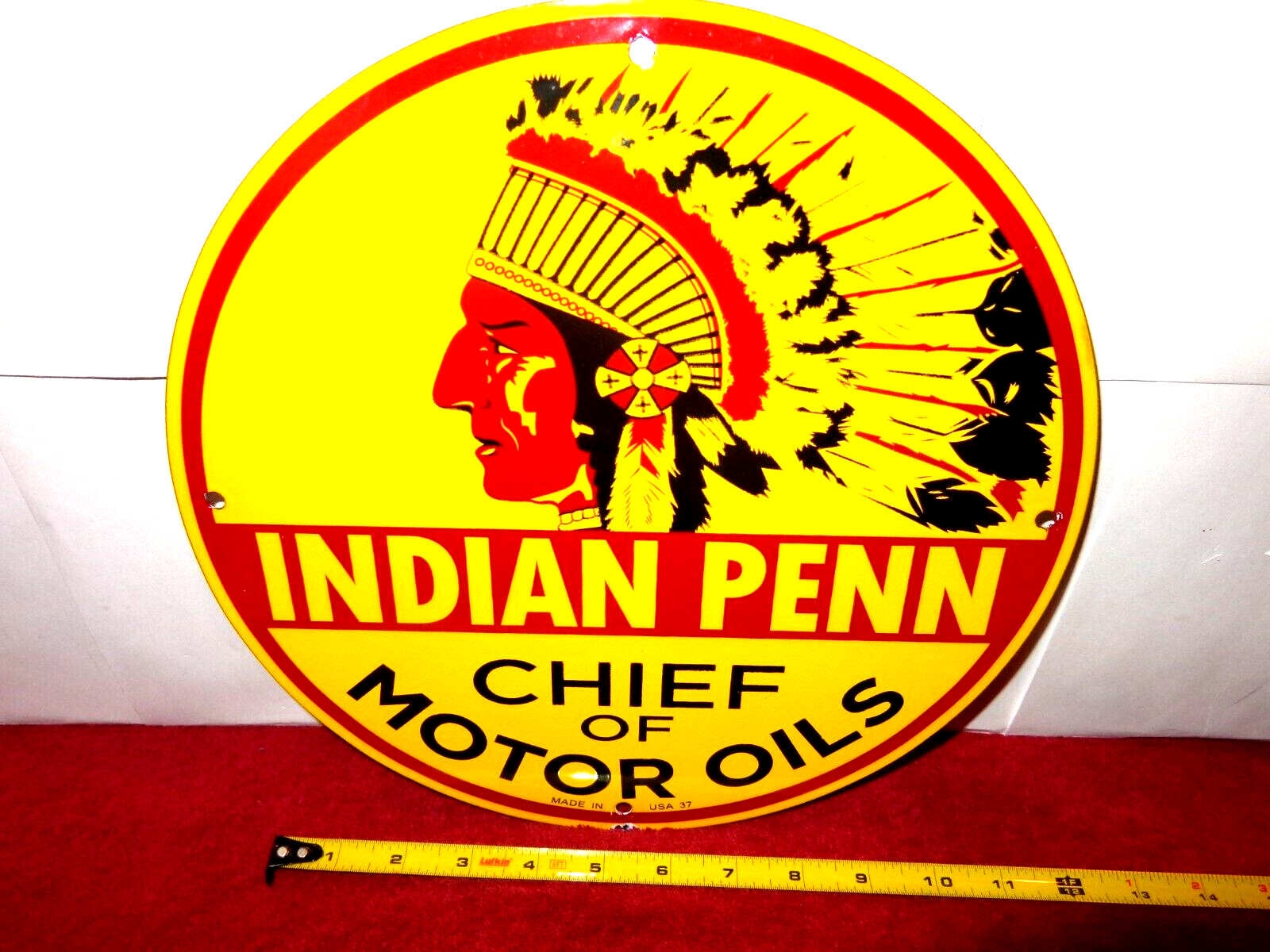 11 5/8 in INDIAN PENN CHIEF OF MOTOR OILS ADV SIGN HEAVY METAL PORCELAIN -S 340B