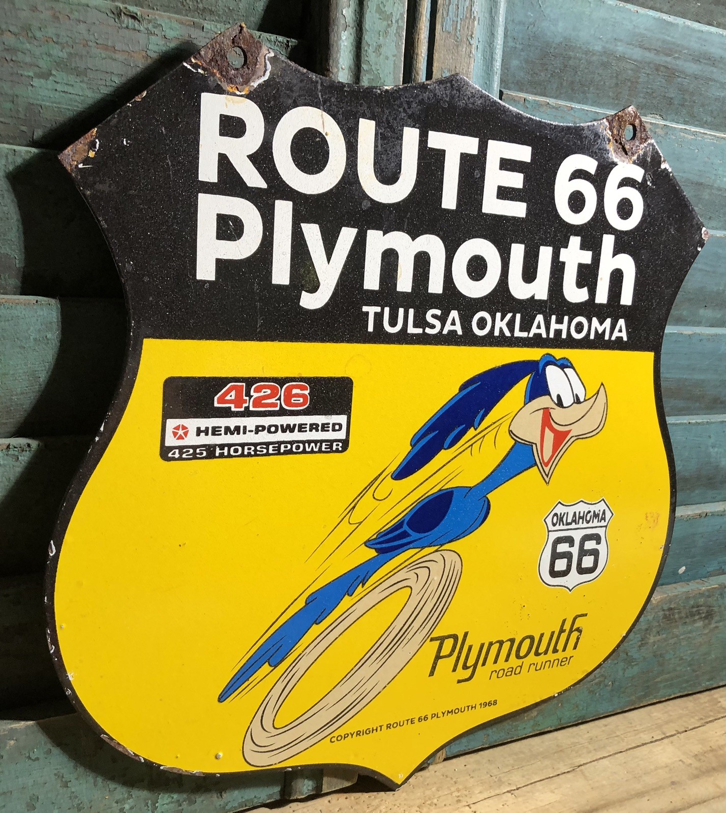VINTAGE 1968 DATED PLYMOUTH ROADRUNNER 10” PORCELAIN DEALER SERVICE GAS SIGN