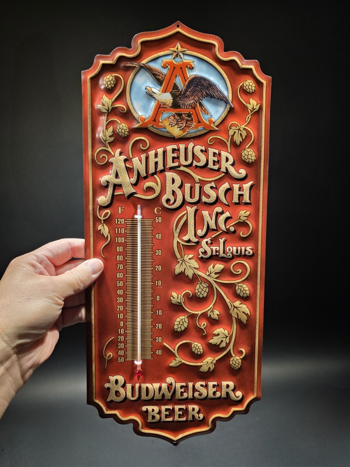 Metal Vintage Style Anheuser Busch Budweiser Wall Thermometer Sign