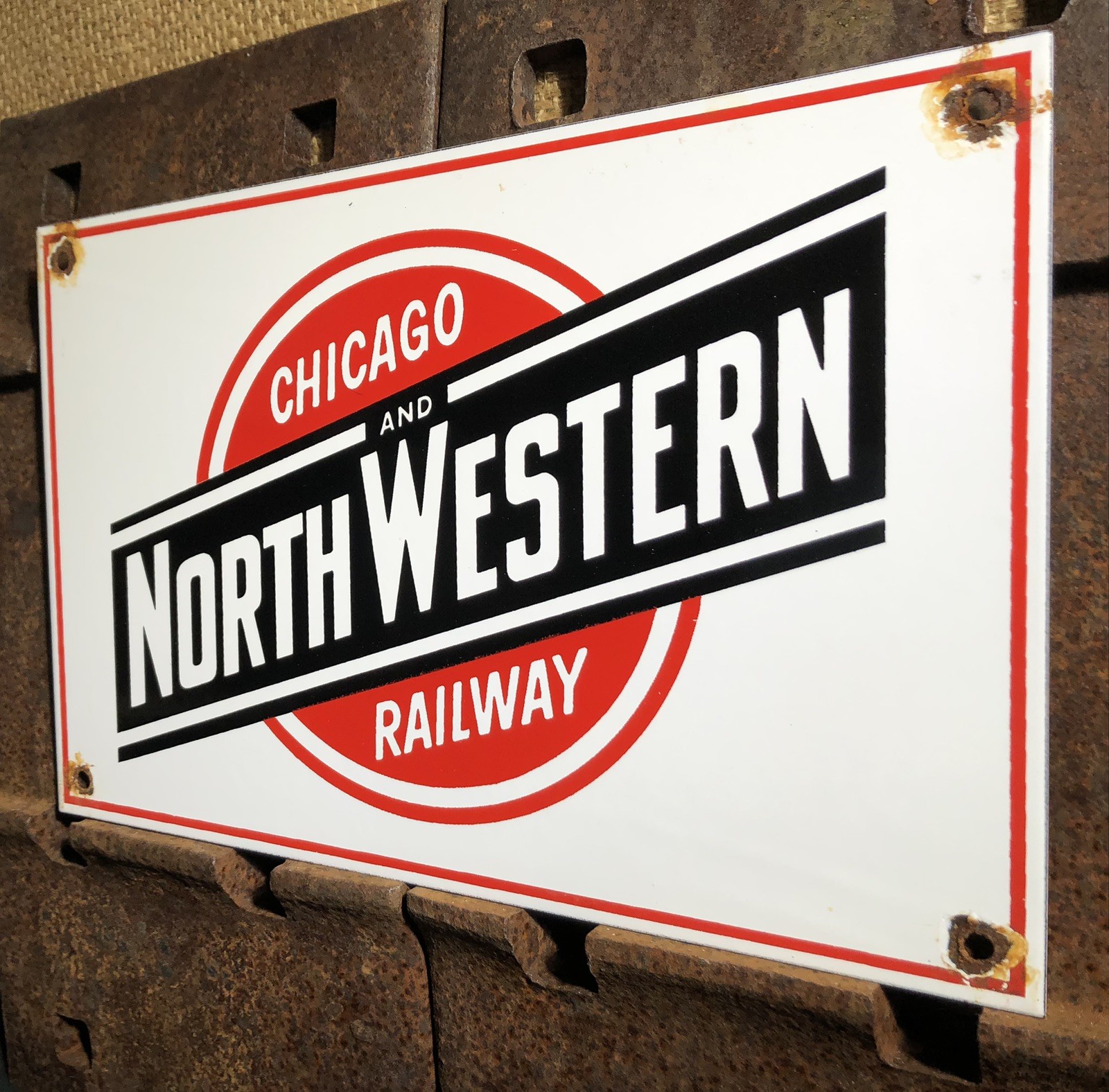 VINTAGE CHICAGO NORTH WESTERN RAILWAY 12” PORCELAIN SIGN TRAINS RAILROAD GAS OIL