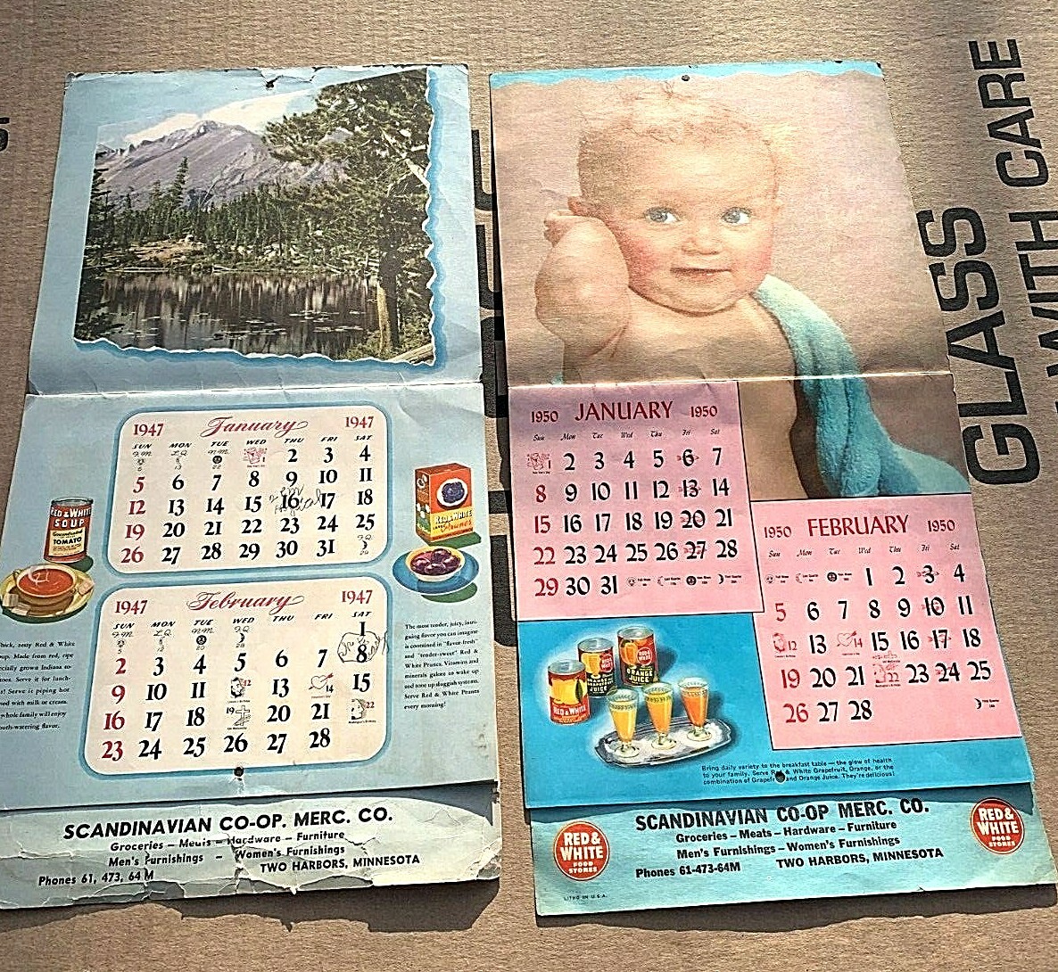 2 Vintage Red White Grocery Advertising Calendars Two Harbors Minnesota