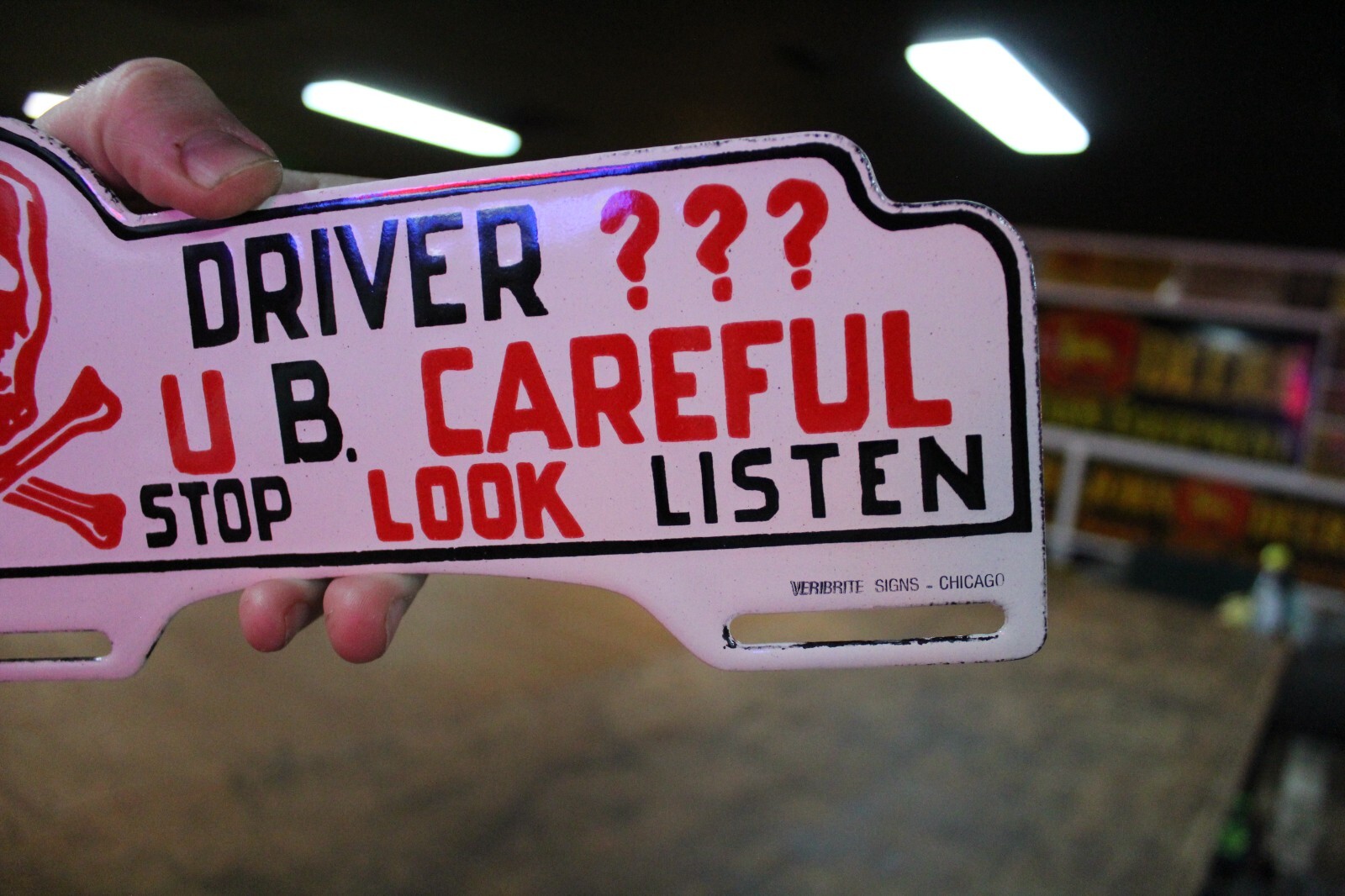 DRIVE U B CAREFUL STOP PORCELAIN METAL PLATE TOPPER SIGN SKULL CROSSBONES GAS