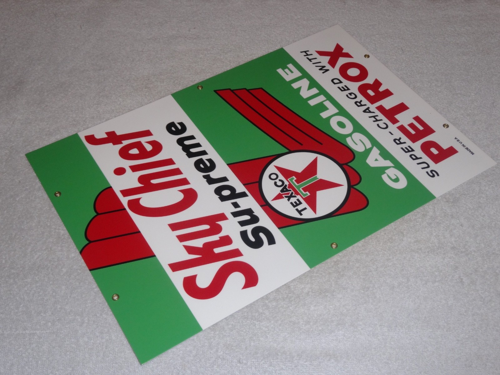 VINTAGE TEXACO SKY CHIEF SUPREME GASOLINE W/ PETROX 18″ PORCELAIN METAL OIL SIGN