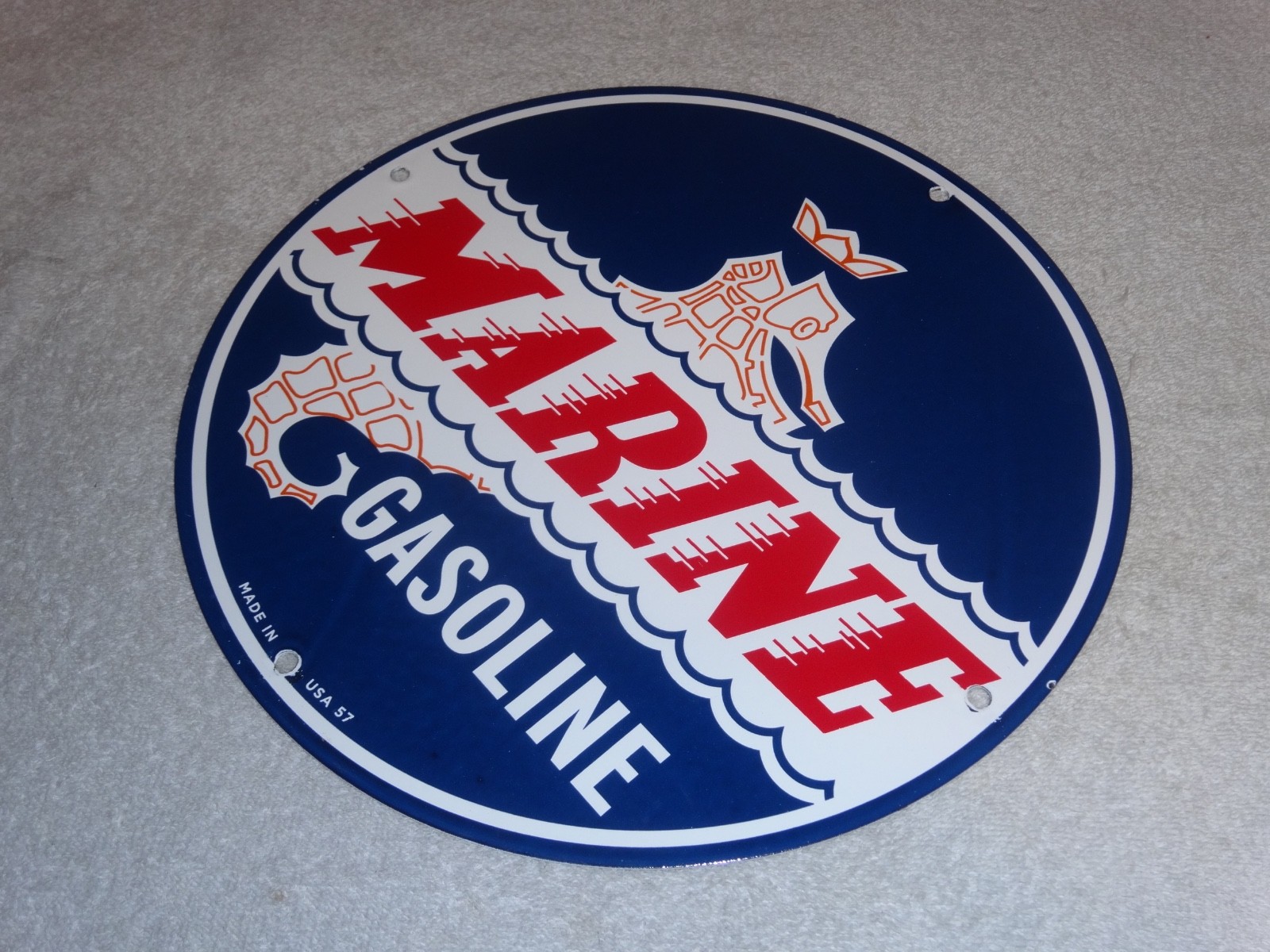 VINTAGE 1957 MARINE GASOLINE EVINRUDE JOHNSON OUTBOARD BOAT MOTOR PORCELAIN SIGN