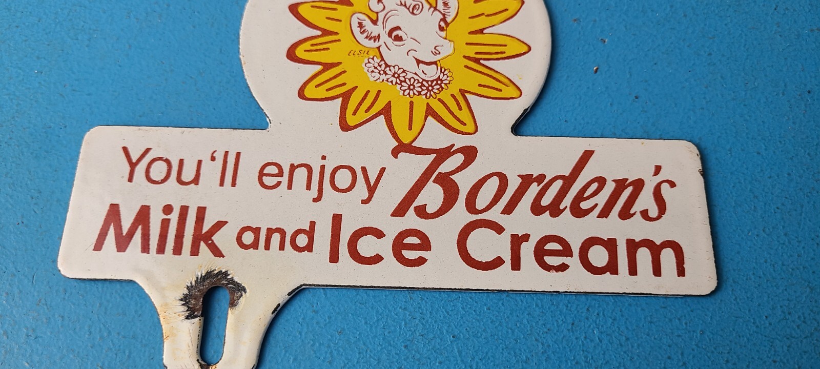 Vintage Bordens Ice Cream Milk Sign Topper – Gas Porcelain License Plate Topper