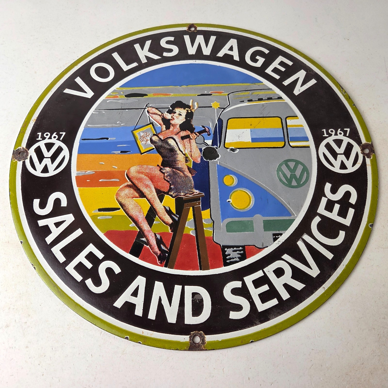 Vintage Volkswagen Sign – Sales Dealership VW Automobile Gas Pump Porcelain Sign