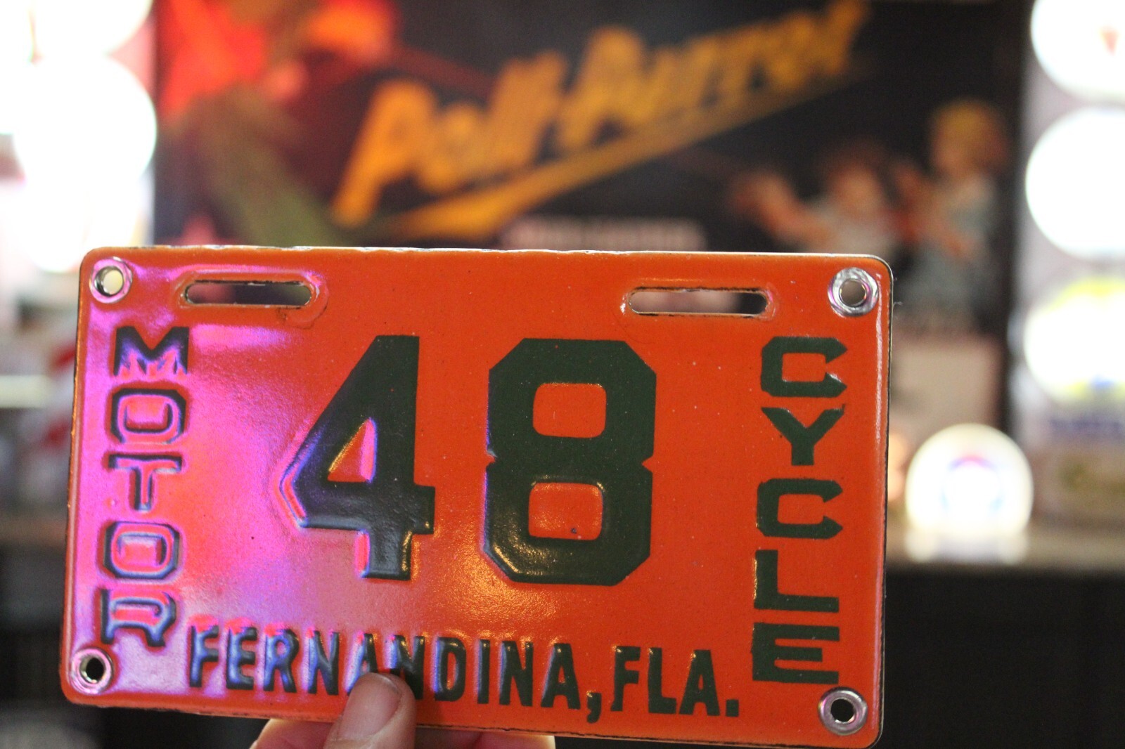 MID 1910s FERNANDIA FLORIDA MOTOR CYCLE PORCELAIN METAL LICENSE PLATE SIGN RIDE