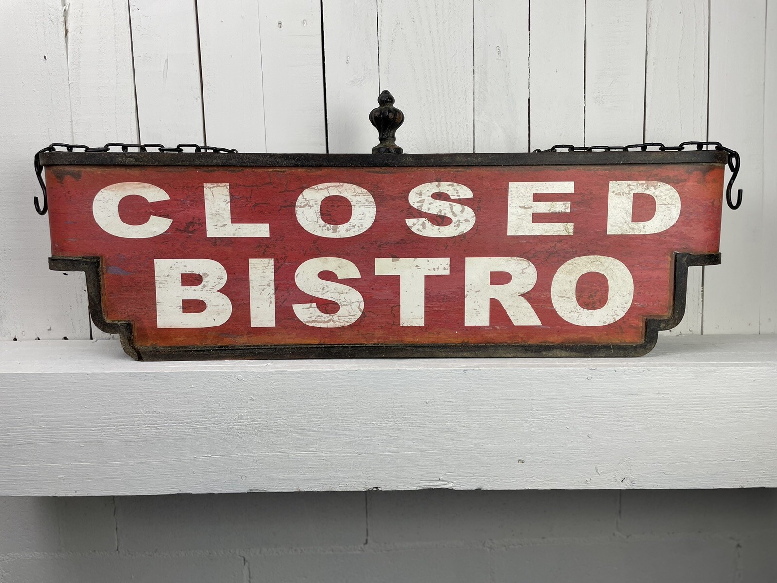 DOUBLE SIDED METAL BISTRO SIGN LARGE 34″ RETRO REPRO RED BLACK WHITE AGED BEAUTI