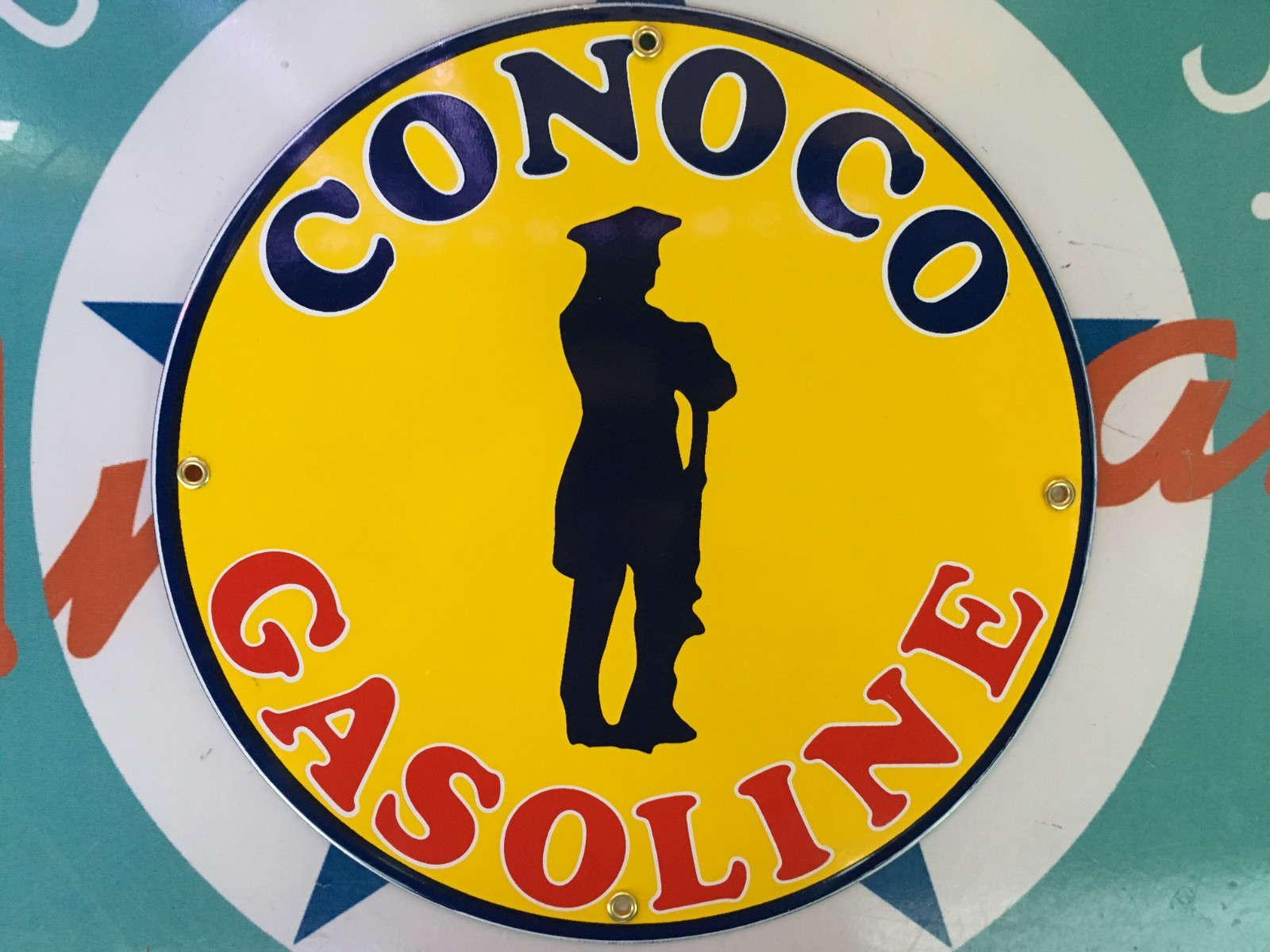 CONOCO MINUTE MAN GASOLINE top QUALITY porcelain coated 18 GAUGE steel SIGN