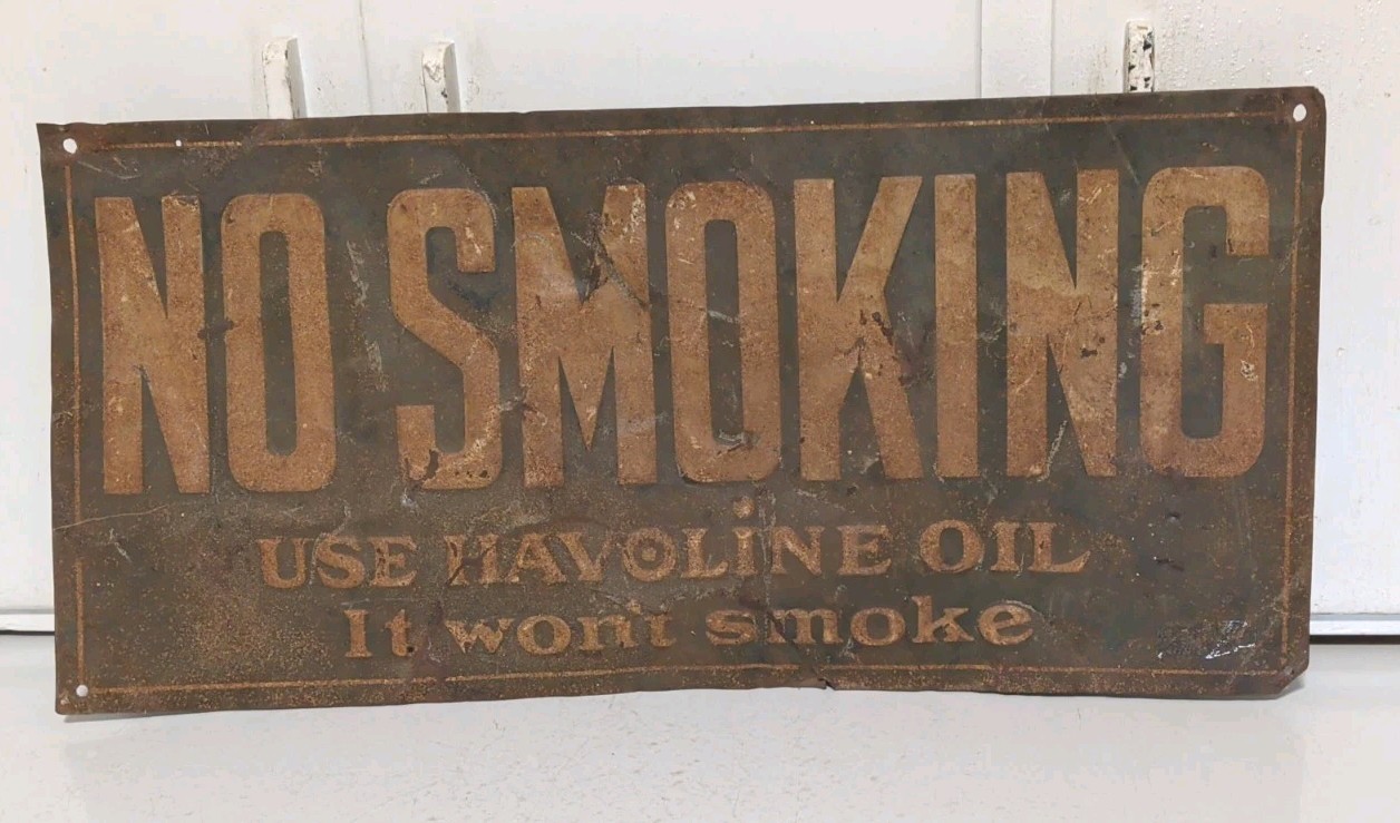 Antique 1920s Texaco Havoline No Smoking Motor Oil Advertising Embossed Sign