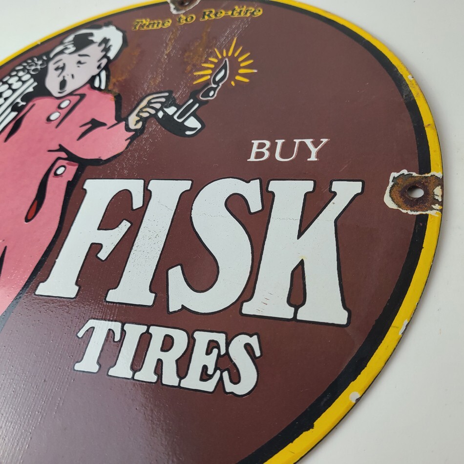 Vintage Fisk Tires Sign – Automobile Car Sales Service Gas Pump Porcelain Sign