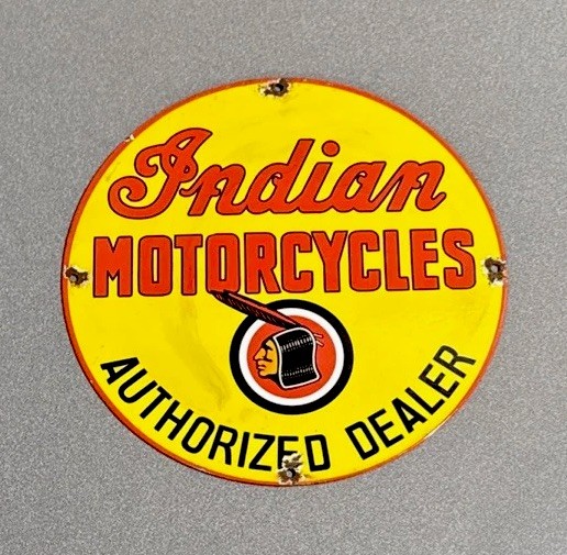 VINTAGE 12” INDIAN BIKE DEALERSHIP PORCELAIN SIGN CAR OIL GAS TRUCK MOTORCYCLE