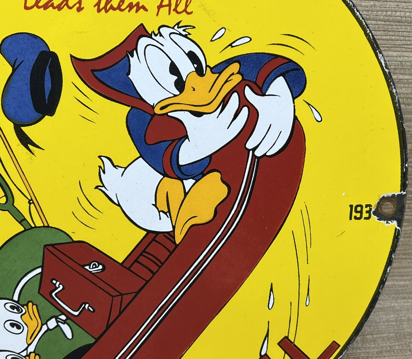 VINTAGE EMPIRE MARINE MOTOR OIL PORCELAIN SIGN GAS STATION DISNEY DONALD DUCK