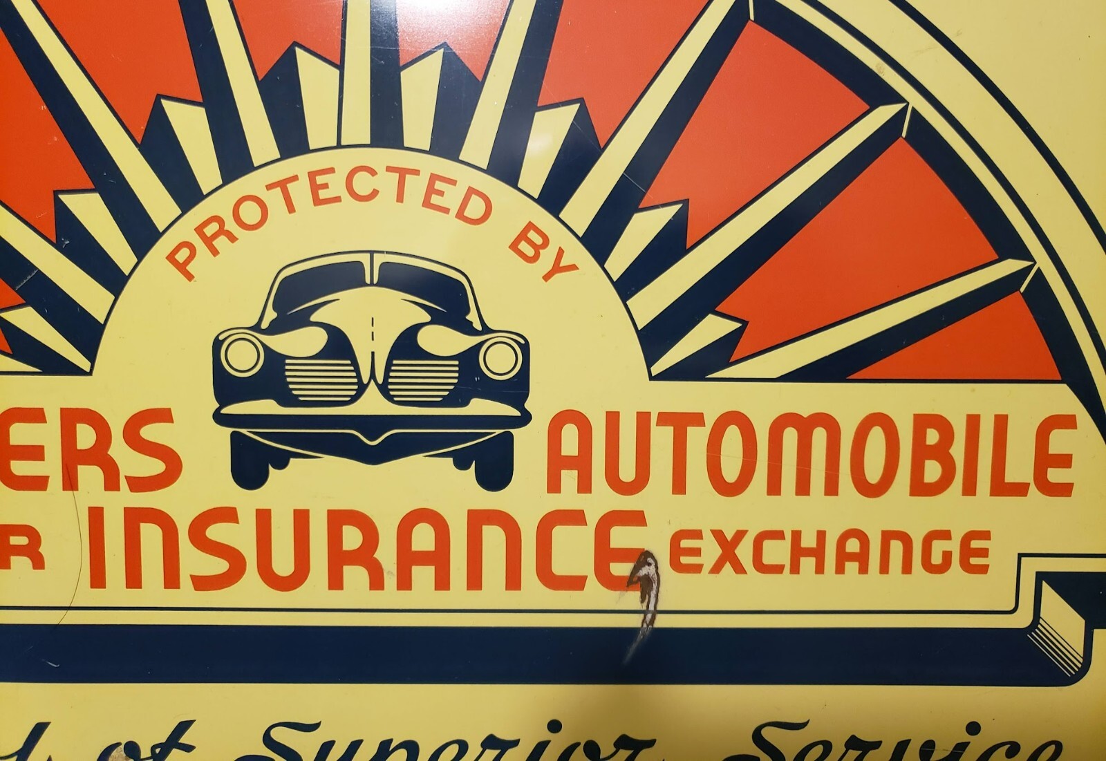 VERY RARE 1940’S FARMERS AUTOMOTIVE INTER INSURANCE EXCHANGE TIN SIGN 20″ X 17″