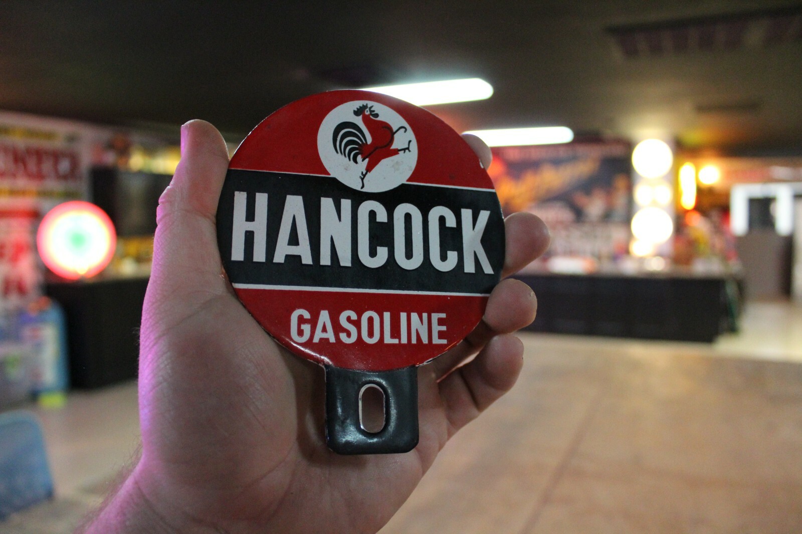 HANCOCK GASOLINE PORCELAIN METAL PLATE TOPPER SIGN GARAGE SERVICE DEALER 66