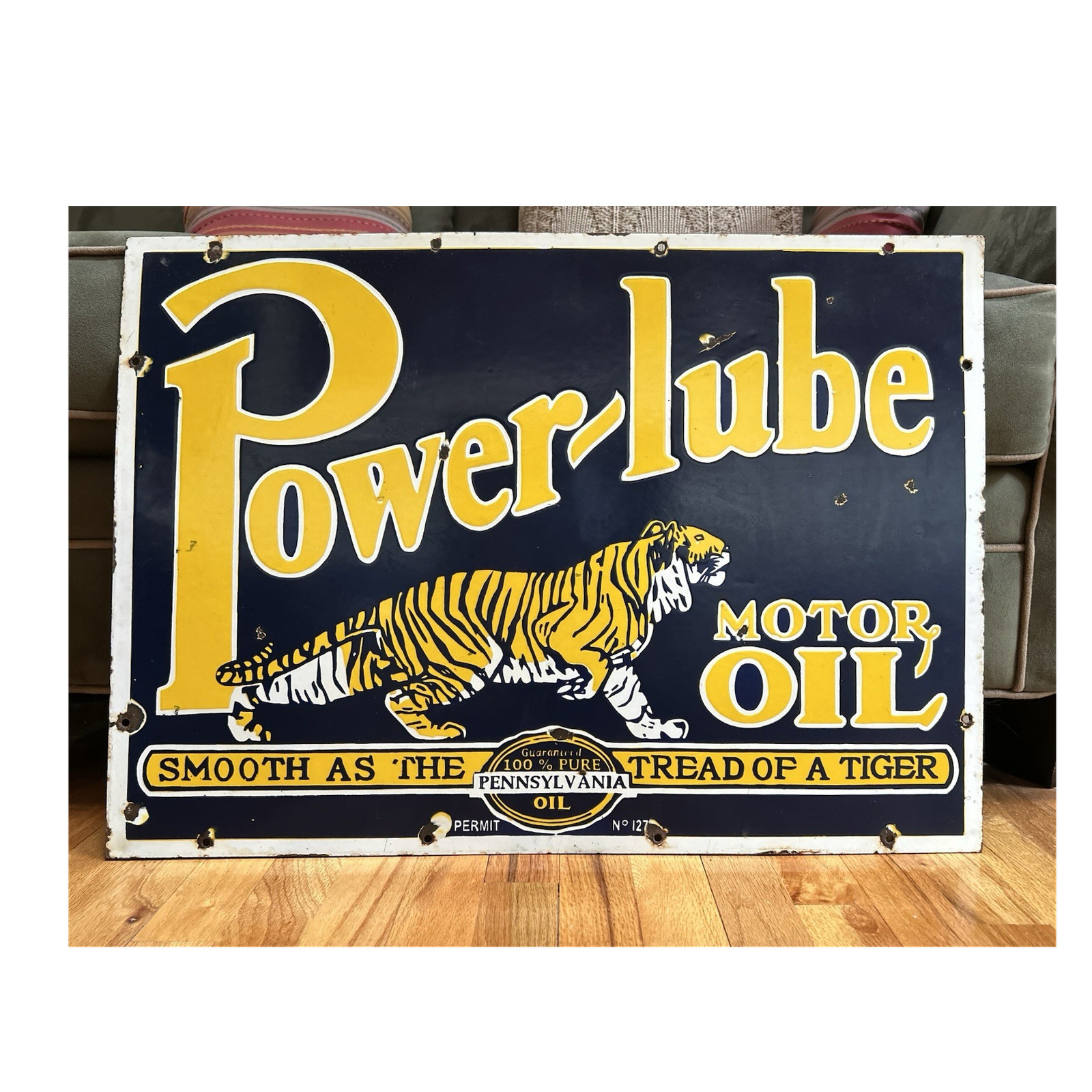 Powerlube Motor Oil Porcelain Sign “Smooth As The Tread Of A Tiger” Black