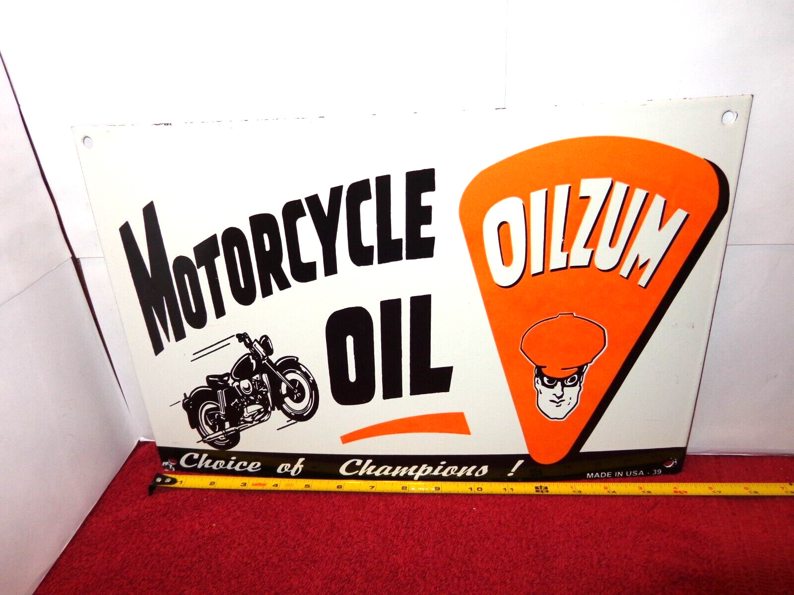 16×11 in OILZUM MOTORCYCLE OIL CHOICE OF CHAMPS ADV SIGN METAL PORCELAIN – C-4 i