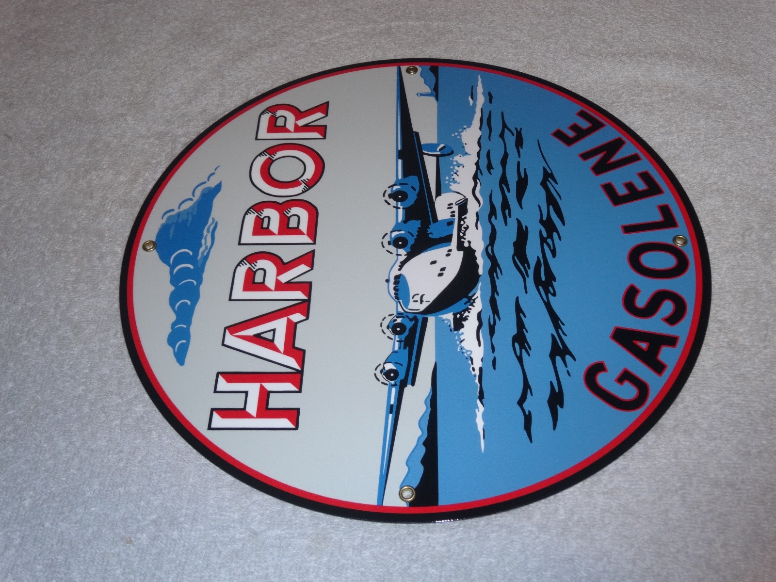 VINTAGE HARBOR GASOLINE AIRPLANE SEAPLANE 11 3/4″ PORCELAIN METAL GAS & OIL SIGN