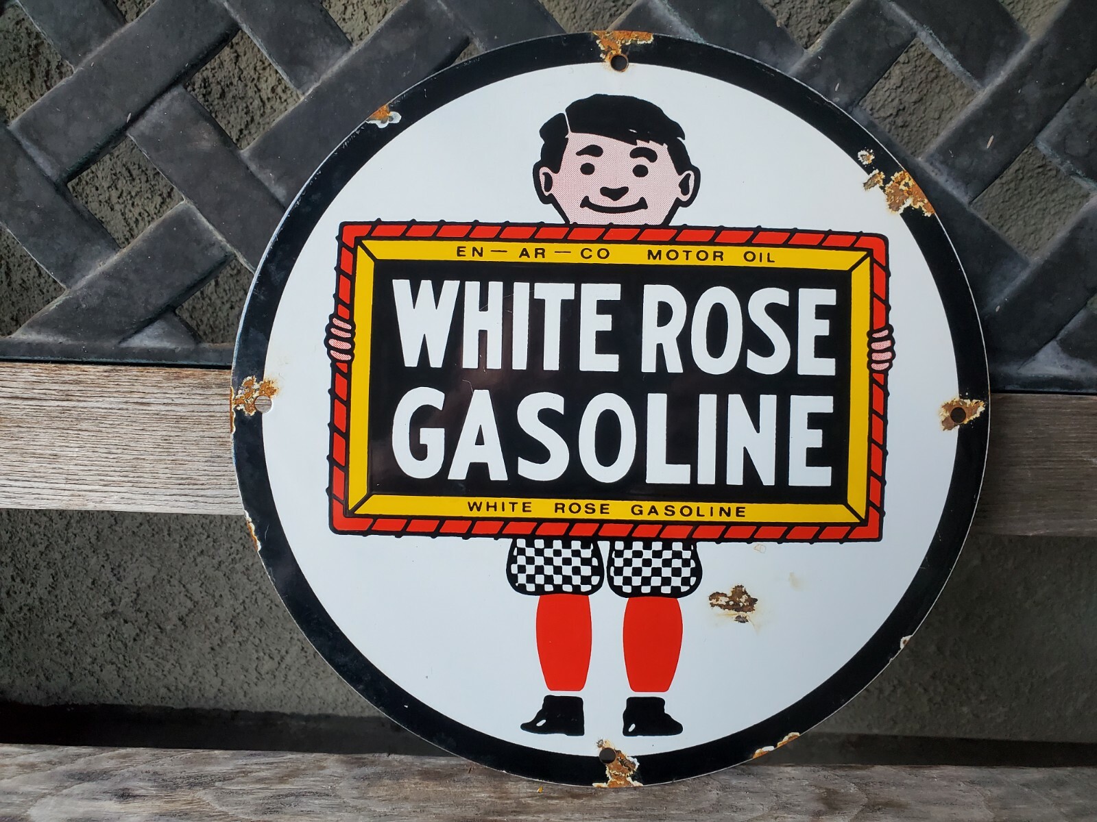 VINTAGE WHITE ROSE GASOLINE MOTOR OILS 11 3/4″ PORCELAIN GAS & OIL SIGN .