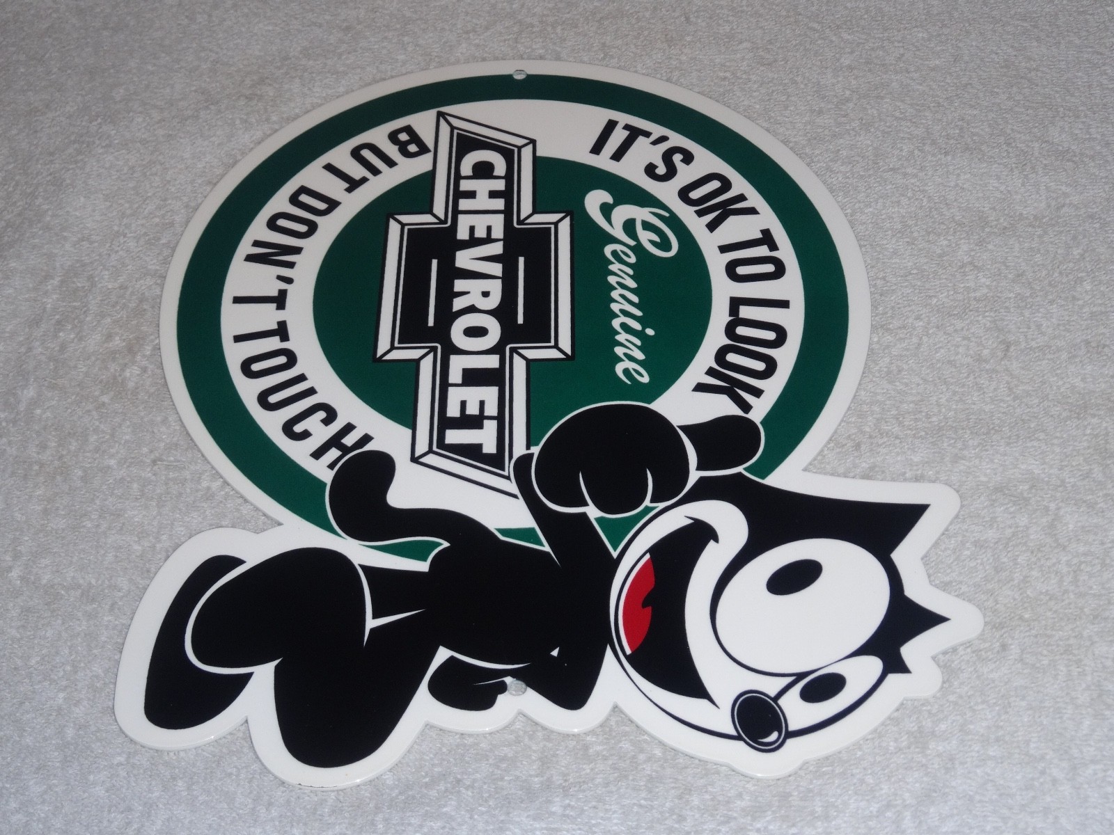 VINTAGE CHEVROLET FELIX THE CAT LOOK DONT TOUCH 12″ CAR TRUCK METAL GAS OIL SIGN