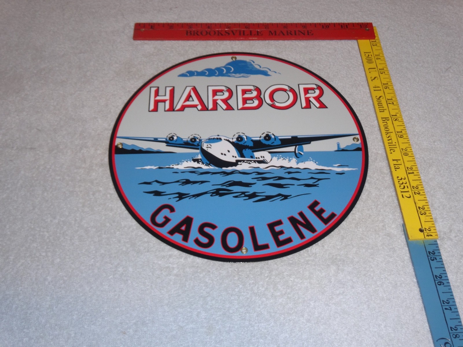 VINTAGE HARBOR GASOLINE AIRPLANE SEAPLANE 11 3/4″ PORCELAIN METAL GAS & OIL SIGN