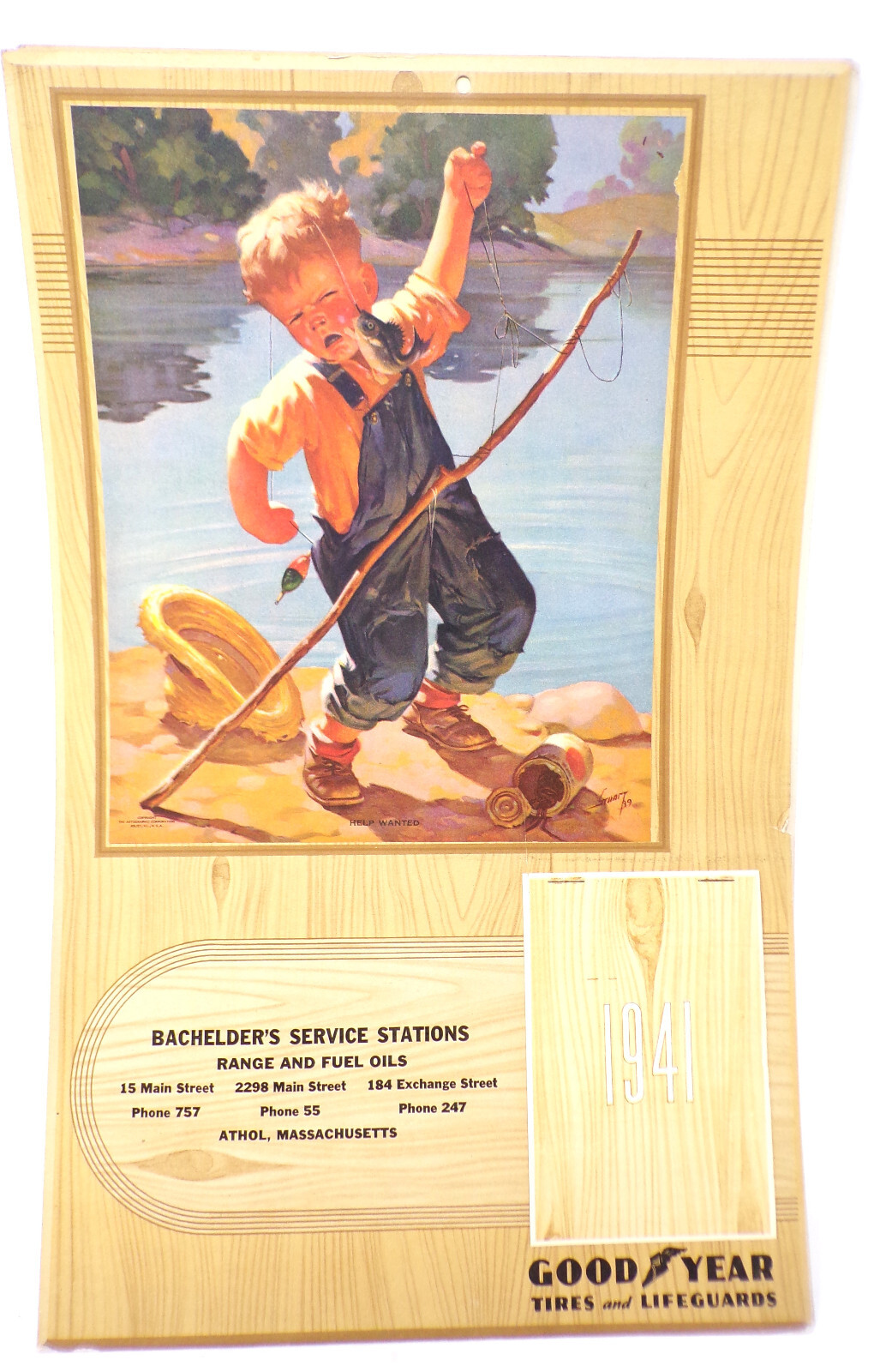 Bachelder Oil Gas Calendar 1941 Goodyear Tires Athol Massachusetts Boy Fishing