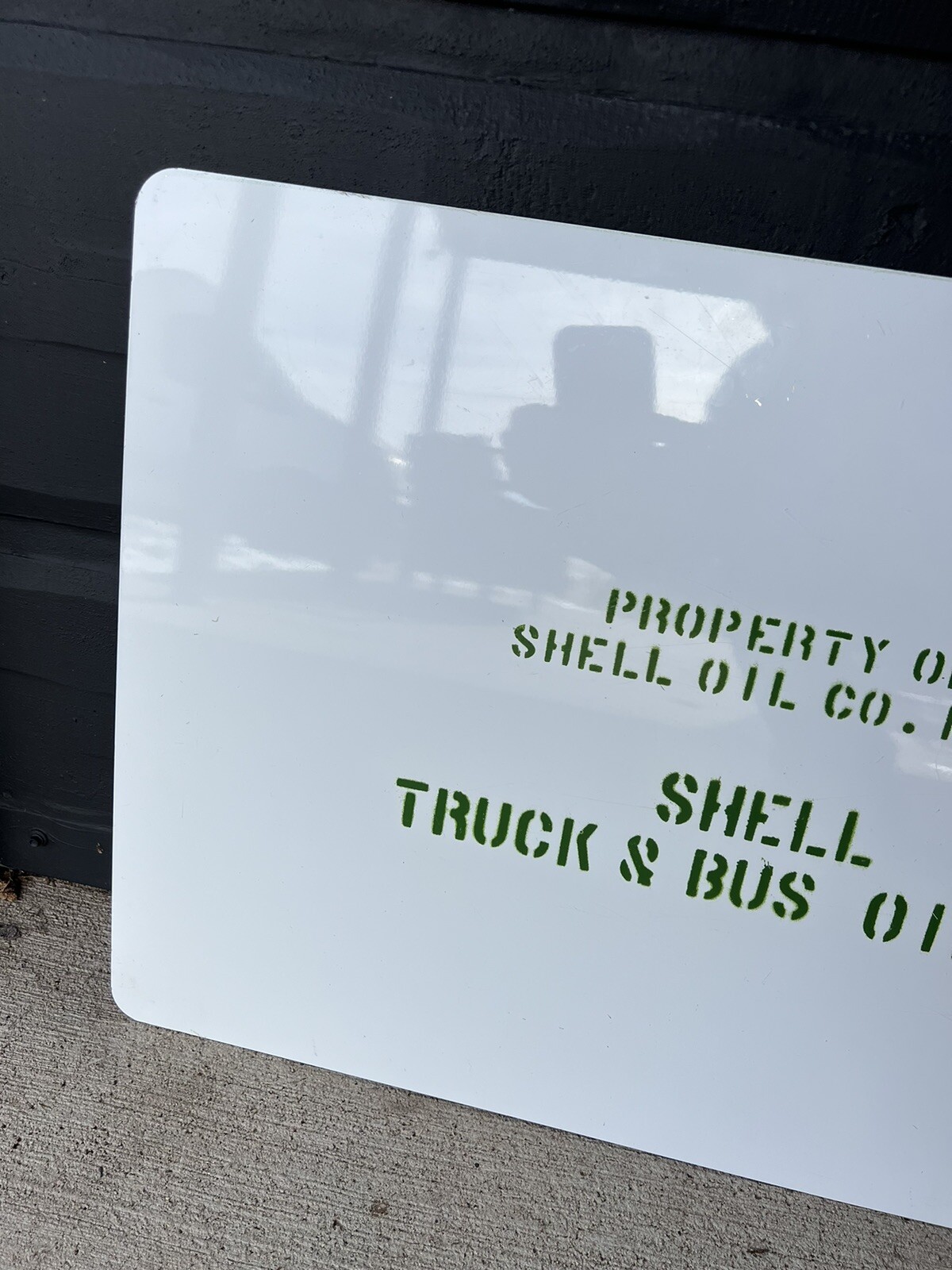 Vintage Property of Shell Oil Co. Inc. Shell Truck & Bus Oil Tin Sign Stenciled