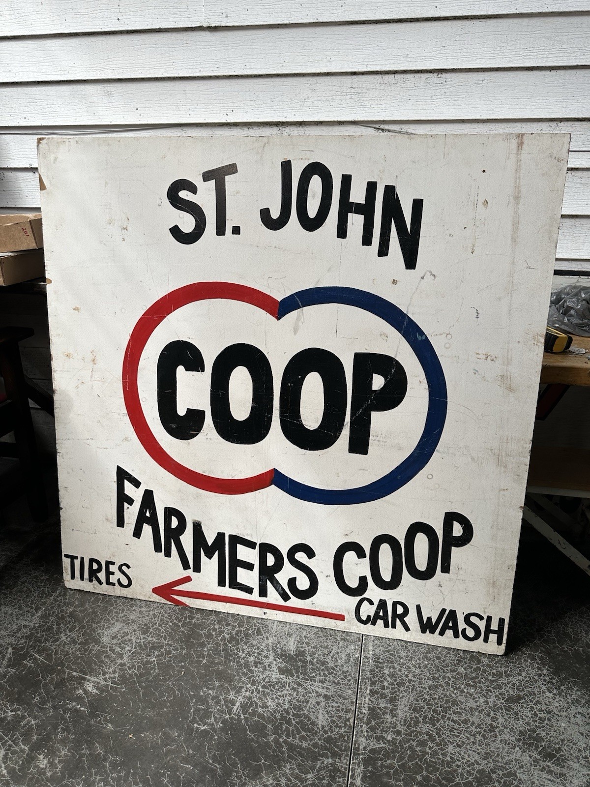 St. Johns Farmers Union Gas Wood Sign Farm Tractor 1961 CO-OP Oil Advertising