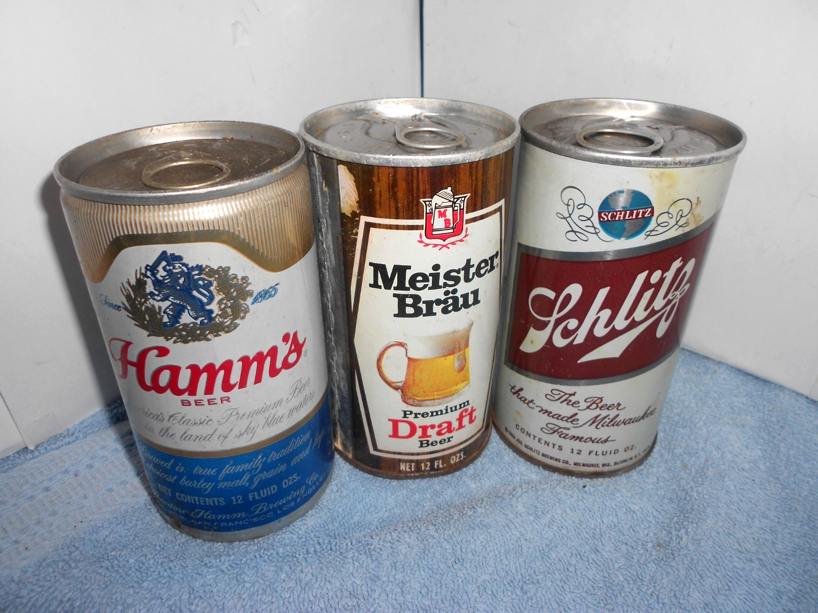 3 VINTAGE BEER CANS HAMM`S – MEISTER BRAU & SCHLITZ 12 OUNCE POP TOP SET – W112