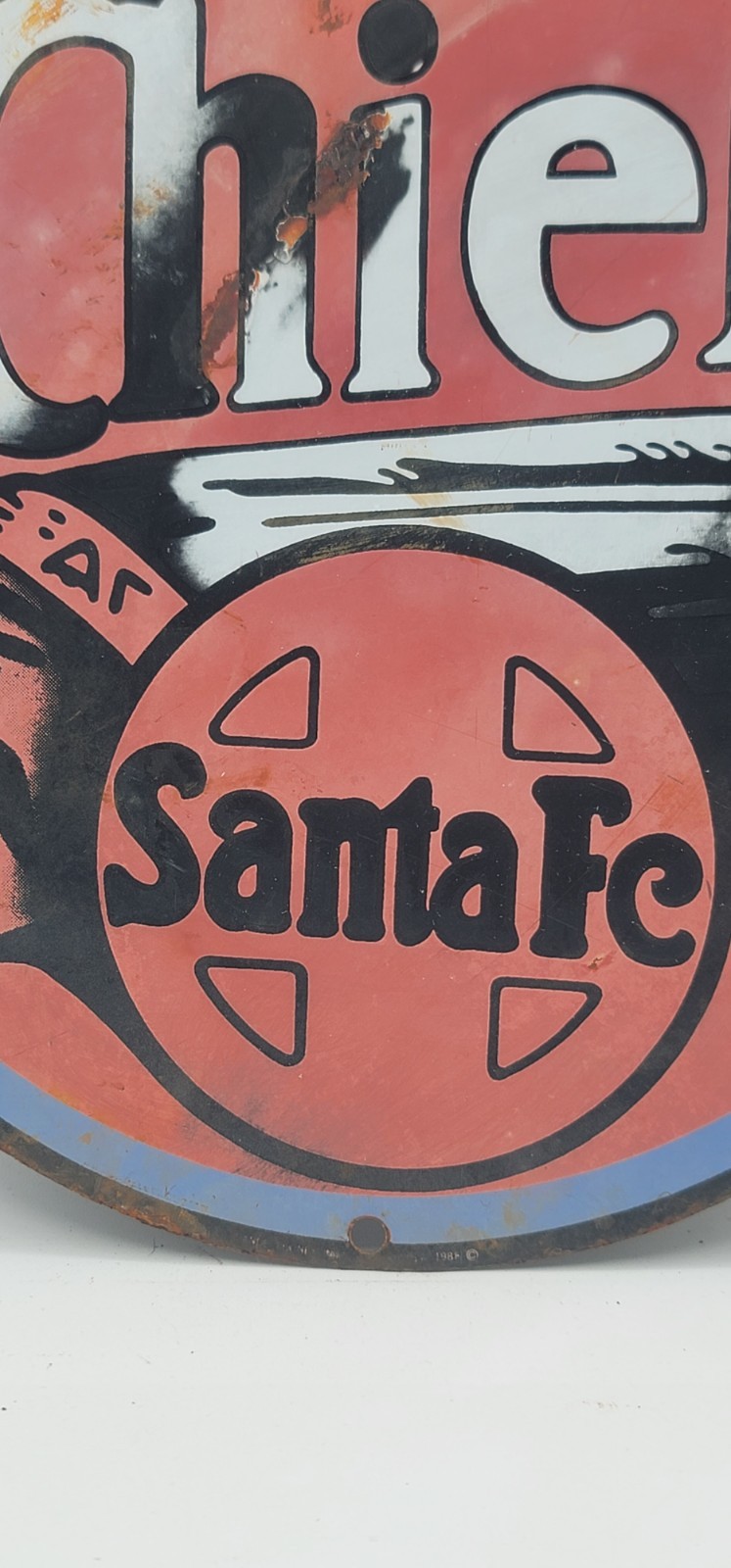 Vintage The Chief Santa Fe Railroad Railway Rustic Porcelain Enameled Metal Sign