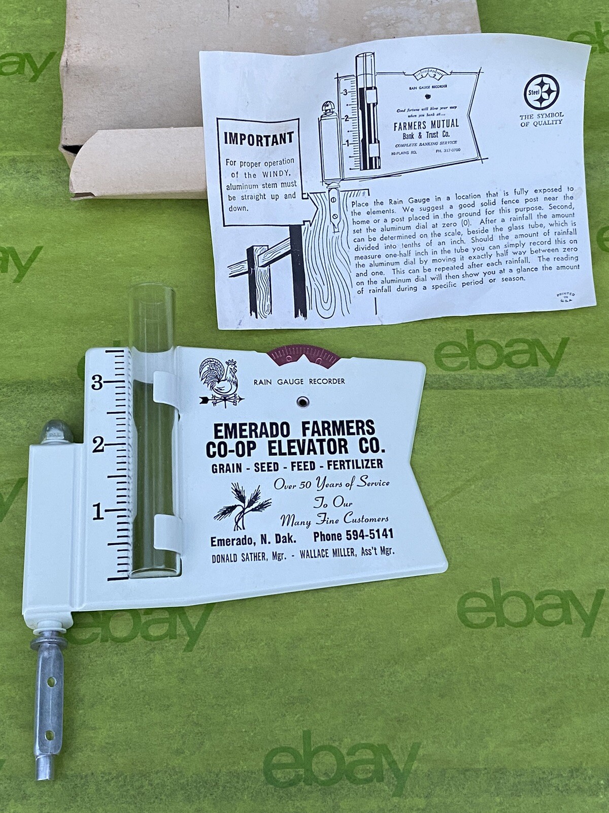 Vintage Farmers Co-Op Elevator Co Rain Gauge Recorder Emerado N. Dak Advertising