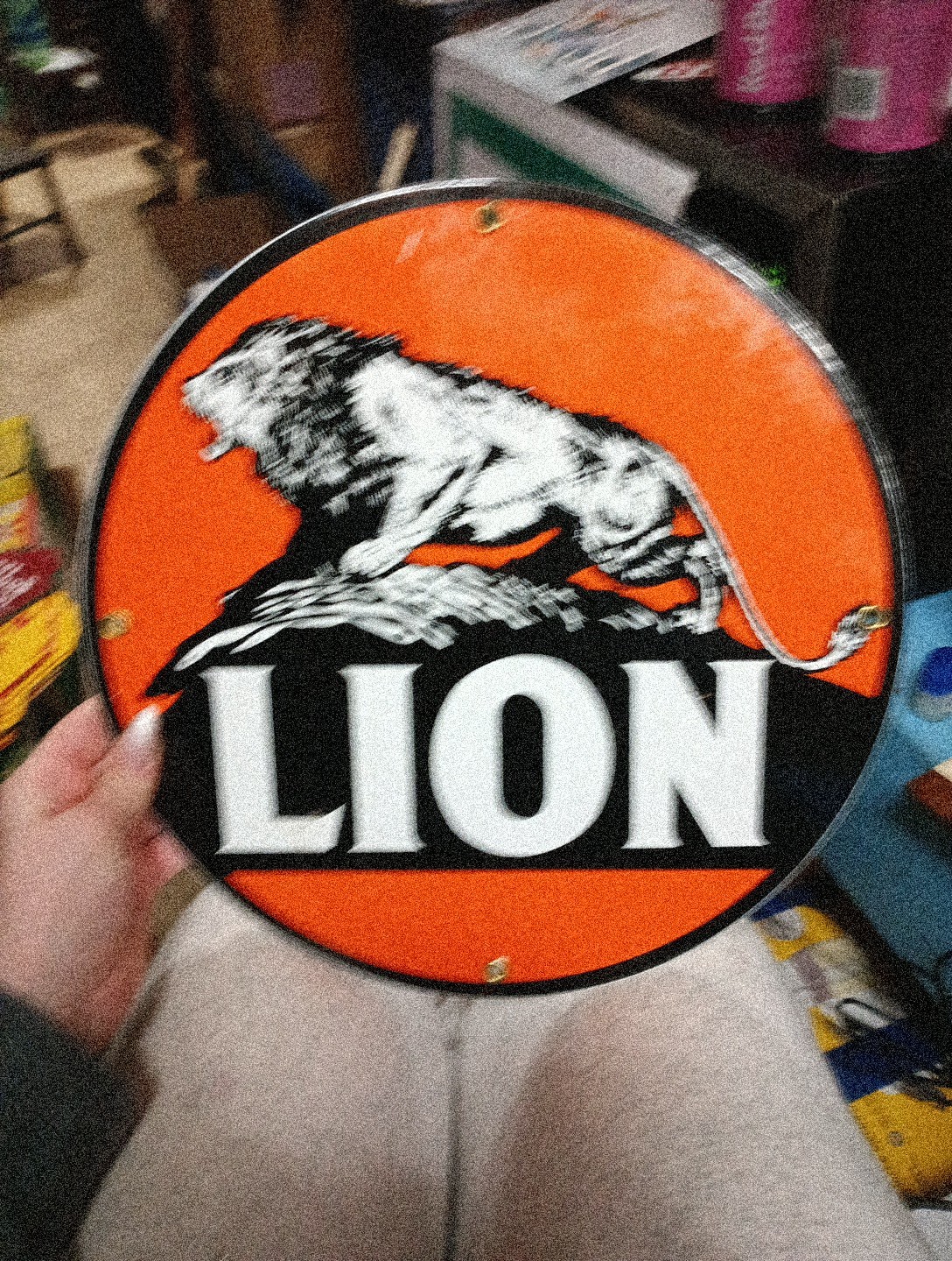 Porcelain Lion Gasoline Round Sign