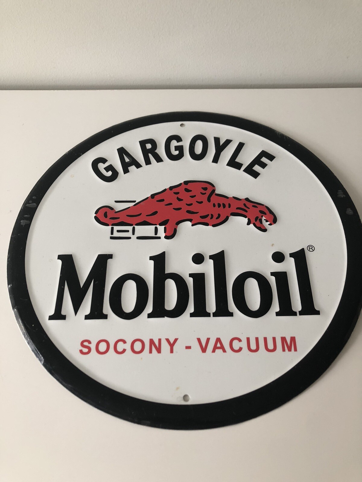 VINTAGE Gargoyle Mobiloil Vintage Metal Round Sign Tin