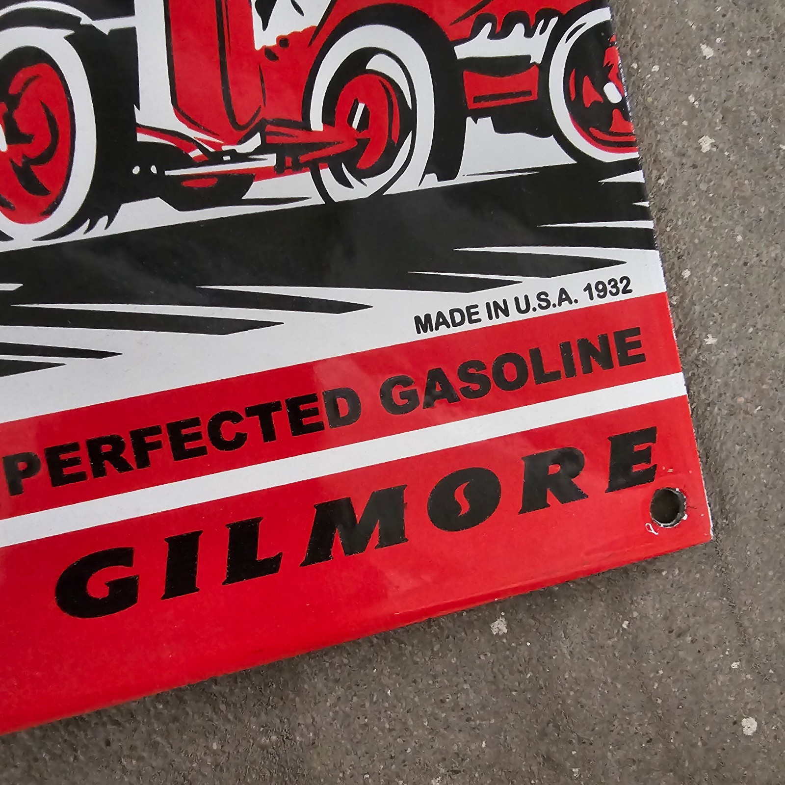 VINTAGE ROAD WITH GILMORE CAR OLD US GASOLINE OIL GAS PUMP ENAMEL PORCELAIN SIGN