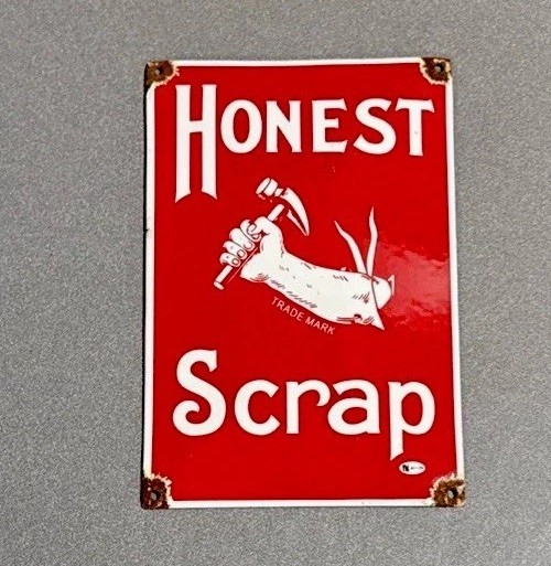 VINTAGE 12” HONEST SCRAP DOMED PORCELAIN SIGN CAR OIL GAS MOTORCYCLE TRUCK