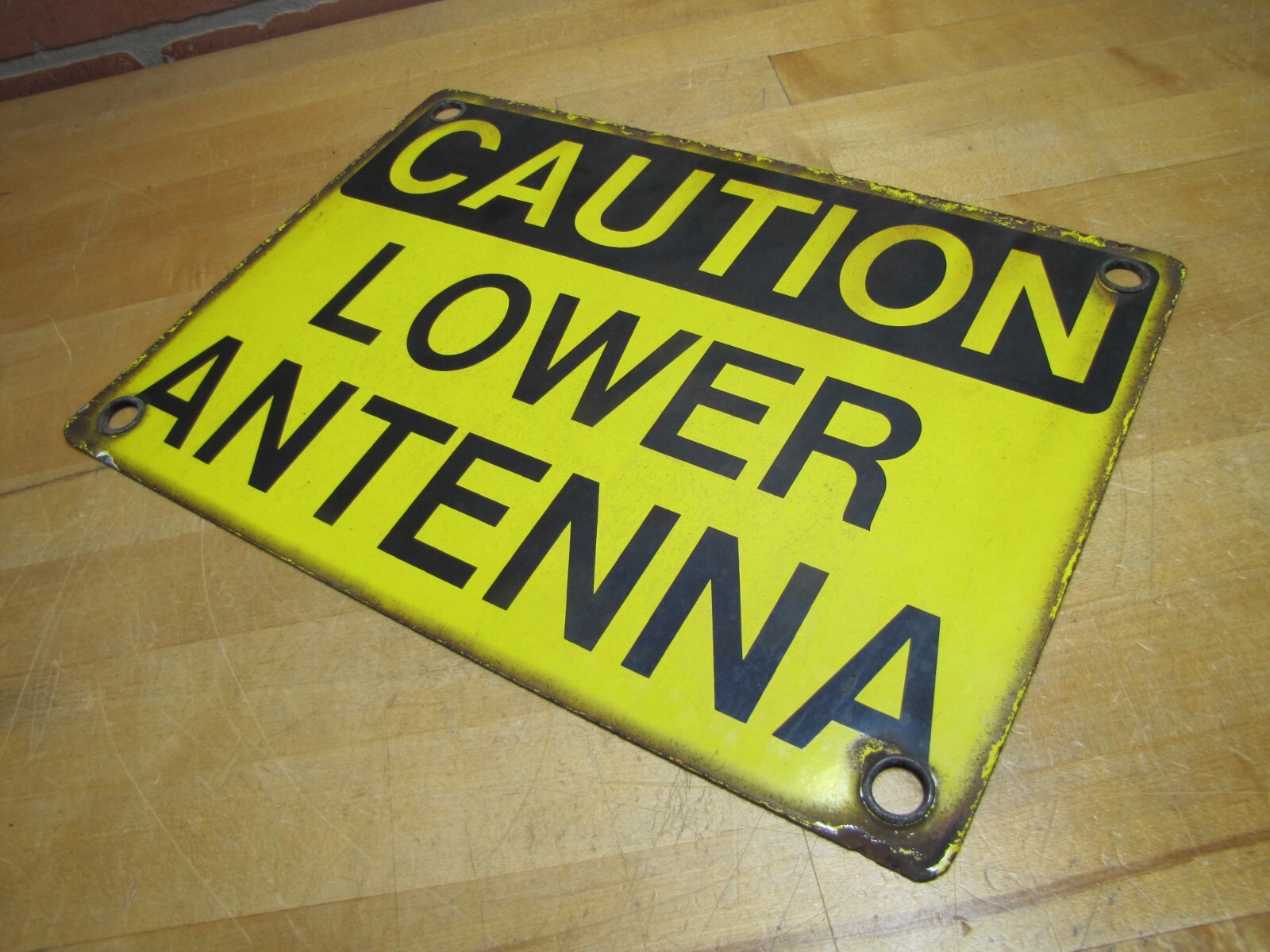 CAUTION LOWER ANTENNA Original Old Porcelain Sign Shop Car Wash Industrial RR