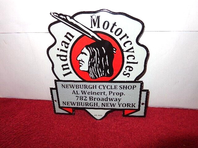 8×9 in INDIAN MOTORCYCLES NEW YORK ADV SIGN HEAVY DIE CUT METAL PORCELAIN -Z 340