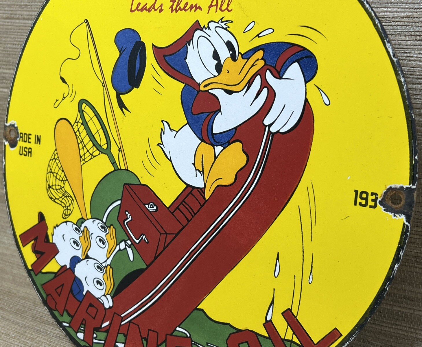 VINTAGE EMPIRE MARINE MOTOR OIL PORCELAIN SIGN GAS STATION DISNEY DONALD DUCK
